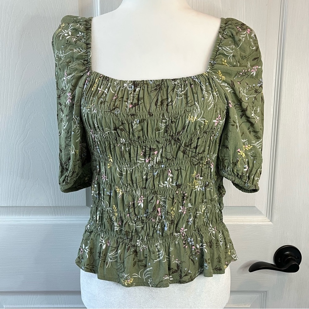 Darling Green Boho Cottagecore 90s Ruched Puff Sleeve Top Women’s 10